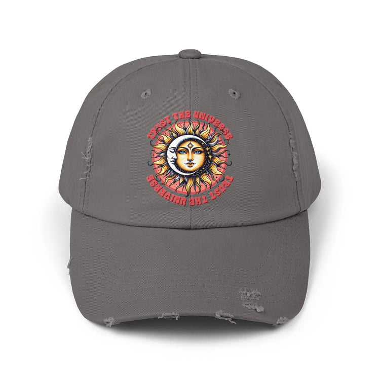 Unisex Distressed Cap, Universe Celestial baseball cap, Tarot Card hat, Mystical Moon Horoscope design, Casual everday hat