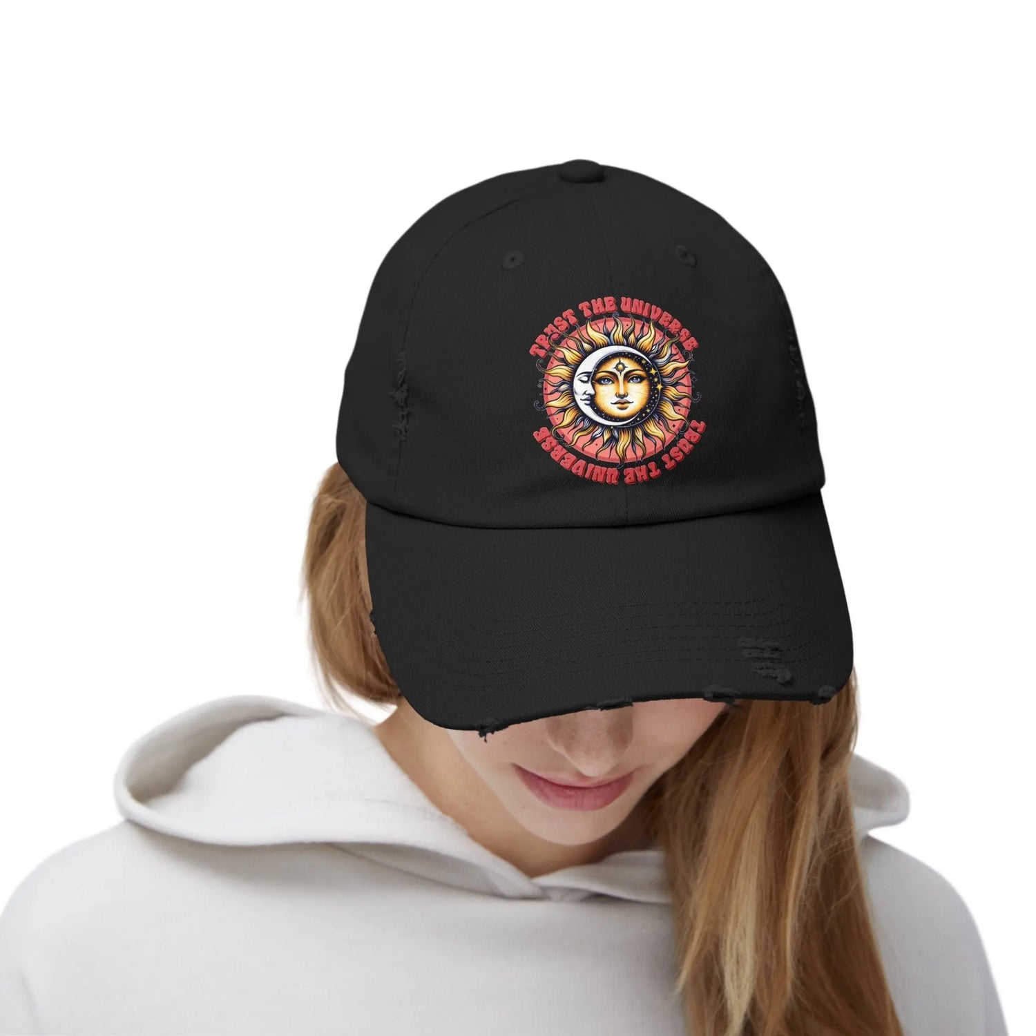 Unisex Distressed Cap, Universe Celestial baseball cap, Tarot Card hat, Mystical Moon Horoscope design, Casual everday hat