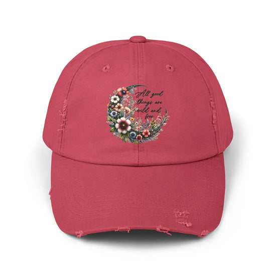 Unisex Distressed Cap, Floral Moon design baseball cap, Positive empowering clothing wear, uplifting female gift, Casual hat The Aurora Touch