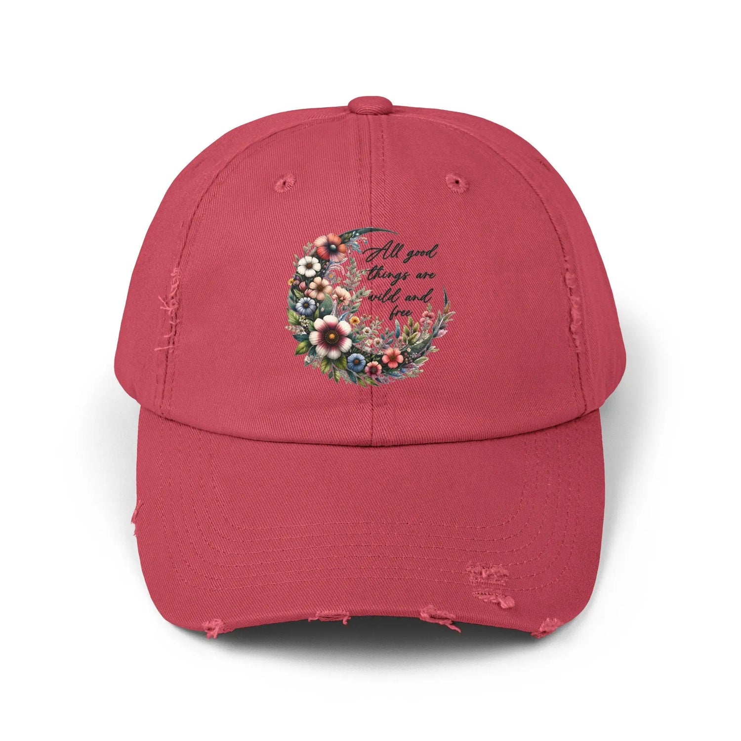 Unisex Distressed Cap, Floral Moon design baseball cap, Positive empowering clothing wear, uplifting female gift, Casual hat
