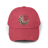 Unisex Distressed Cap, Floral Moon design baseball cap, Positive empowering clothing wear, uplifting female gift, Casual hat