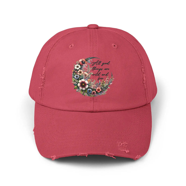 Unisex Distressed Cap, Floral Moon design baseball cap, Positive empowering clothing wear, uplifting female gift, Casual hat