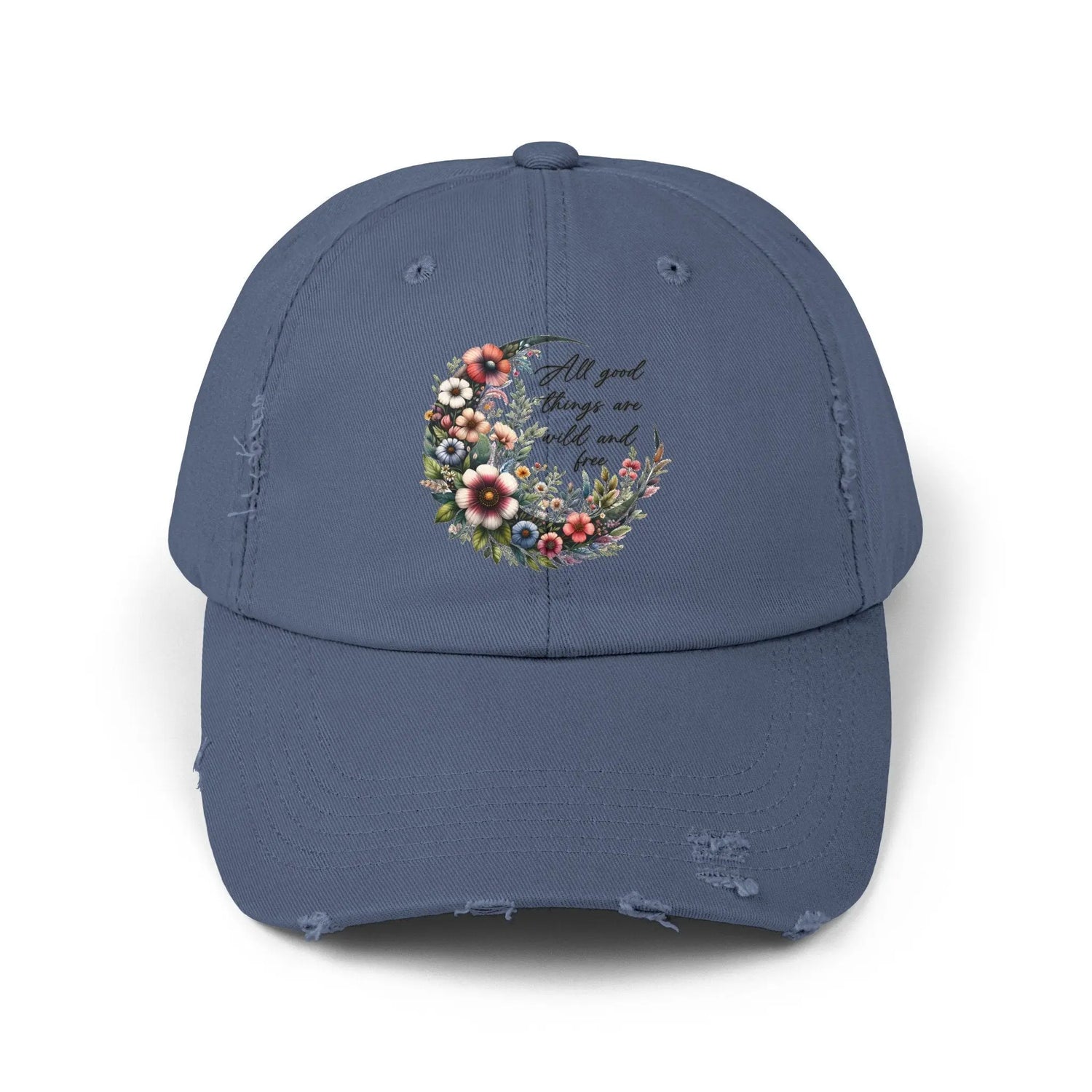 Unisex Distressed Cap, Floral Moon design baseball cap, Positive empowering clothing wear, uplifting female gift, Casual hat The Aurora Touch