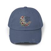 Unisex Distressed Cap, Floral Moon design baseball cap, Positive empowering clothing wear, uplifting female gift, Casual hat The Aurora Touch