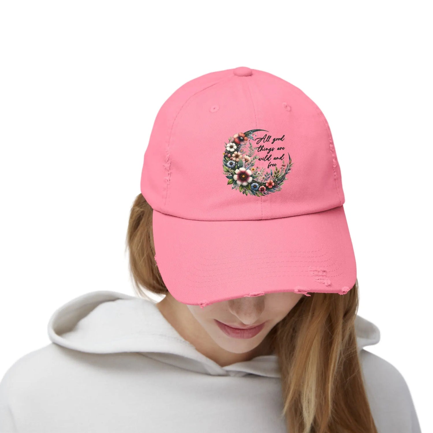Unisex Distressed Cap, Floral Moon design baseball cap, Positive empowering clothing wear, uplifting female gift, Casual hat
