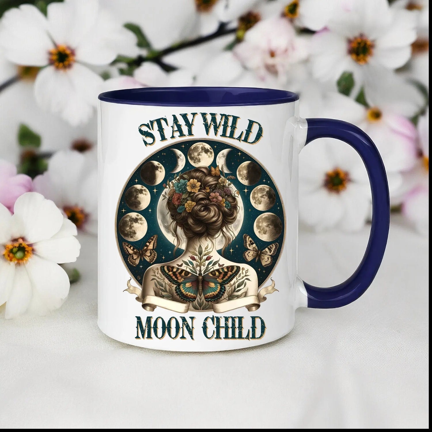 Colorful Mugs, 11oz, Moon Child Tarot Card Coffee Mug, Celestial Spiritual Art, Custom artistic everyday drinking cup, special gift item The Aurora Touch