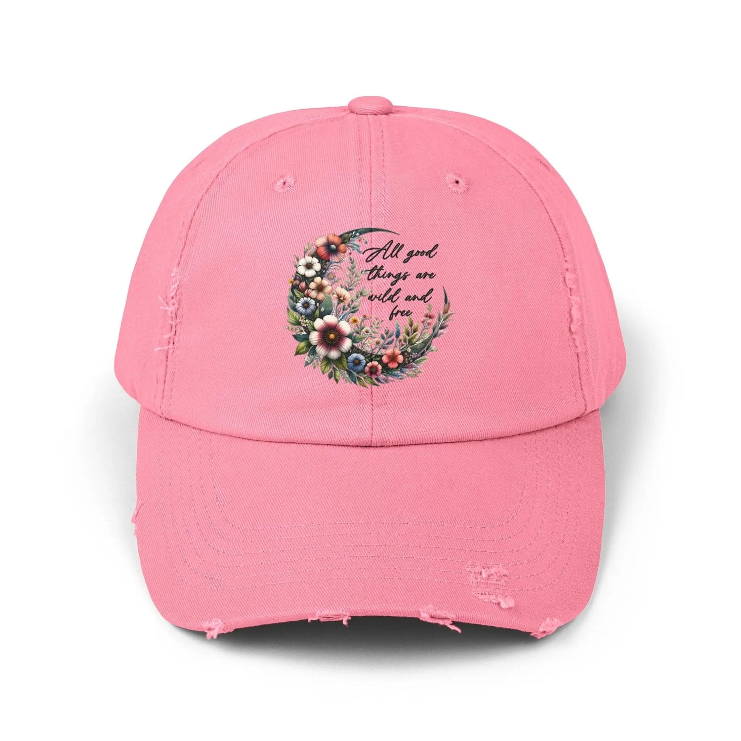 Unisex Distressed Cap, Floral Moon design baseball cap, Positive empowering clothing wear, uplifting female gift, Casual hat The Aurora Touch