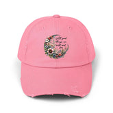 Unisex Distressed Cap, Floral Moon design baseball cap, Positive empowering clothing wear, uplifting female gift, Casual hat The Aurora Touch