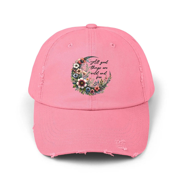 Unisex Distressed Cap, Floral Moon design baseball cap, Positive empowering clothing wear, uplifting female gift, Casual hat