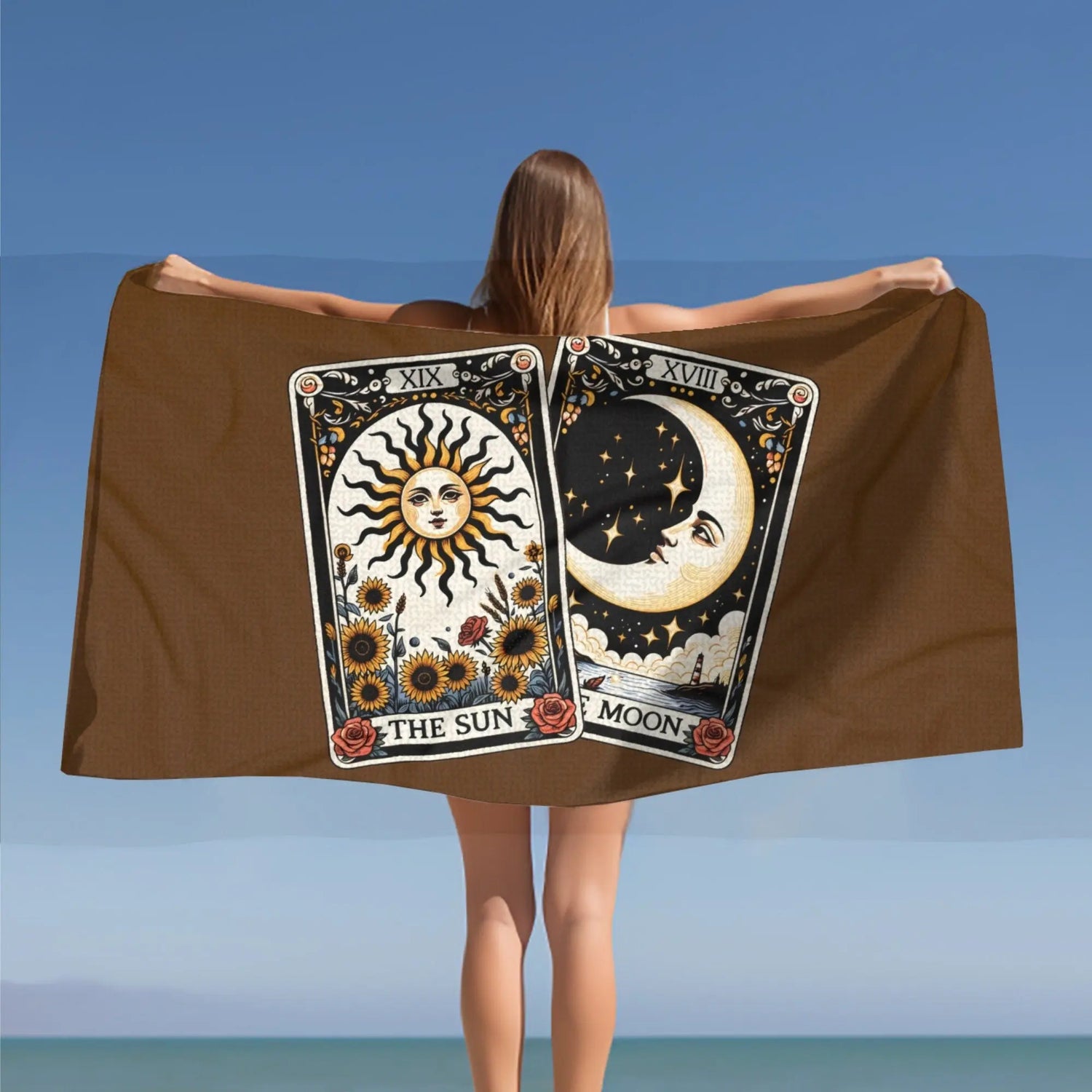Beach Towel, Brown Celestial Beach Towel, Horoscope Tarot Cards, Great Mystical inspired gift, spiritual inspired gift, Heavy Lush towel The Aurora Touch