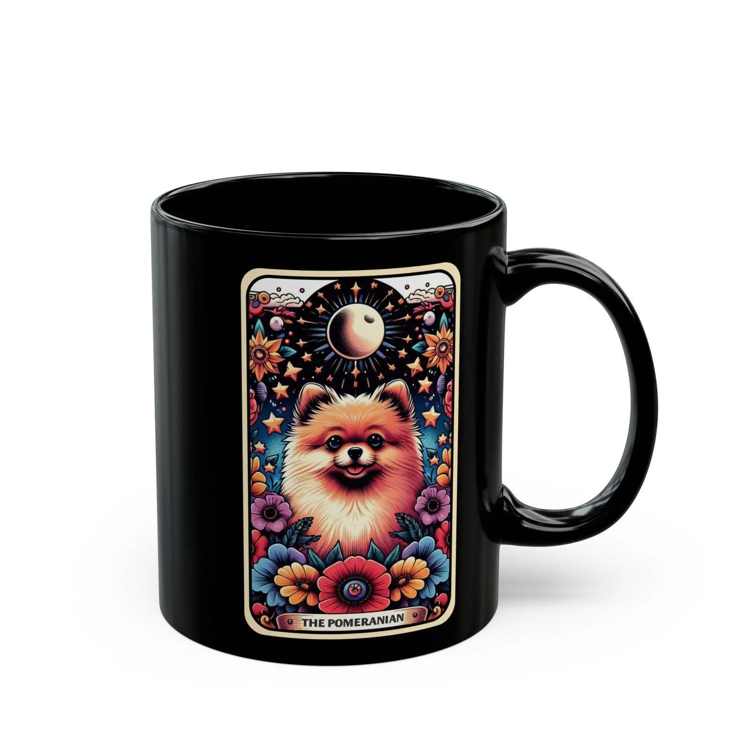 Black Mug (11oz) Pomeranian portrait coffee drinking mug, Celestial Tarot card design, pet lover gift, colorful daily cup The Aurora Touch