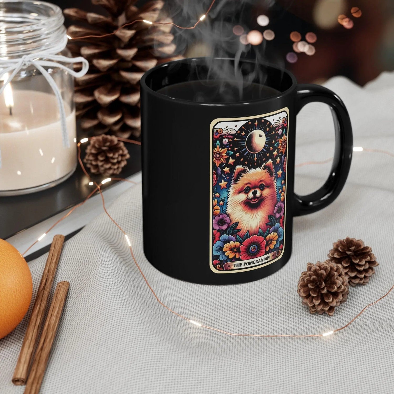 Black Mug (11oz) Pomeranian portrait coffee drinking mug, Celestial Tarot card design, pet lover gift, colorful daily cup The Aurora Touch