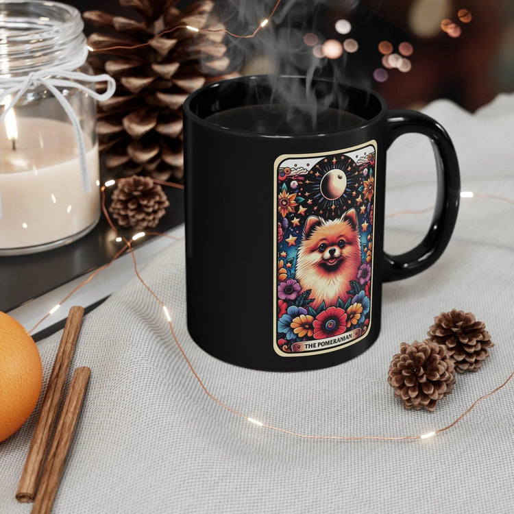 Black Mug (11oz) Pomeranian portrait coffee drinking mug, Celestial Tarot card design, pet lover gift, colorful daily cup The Aurora Touch