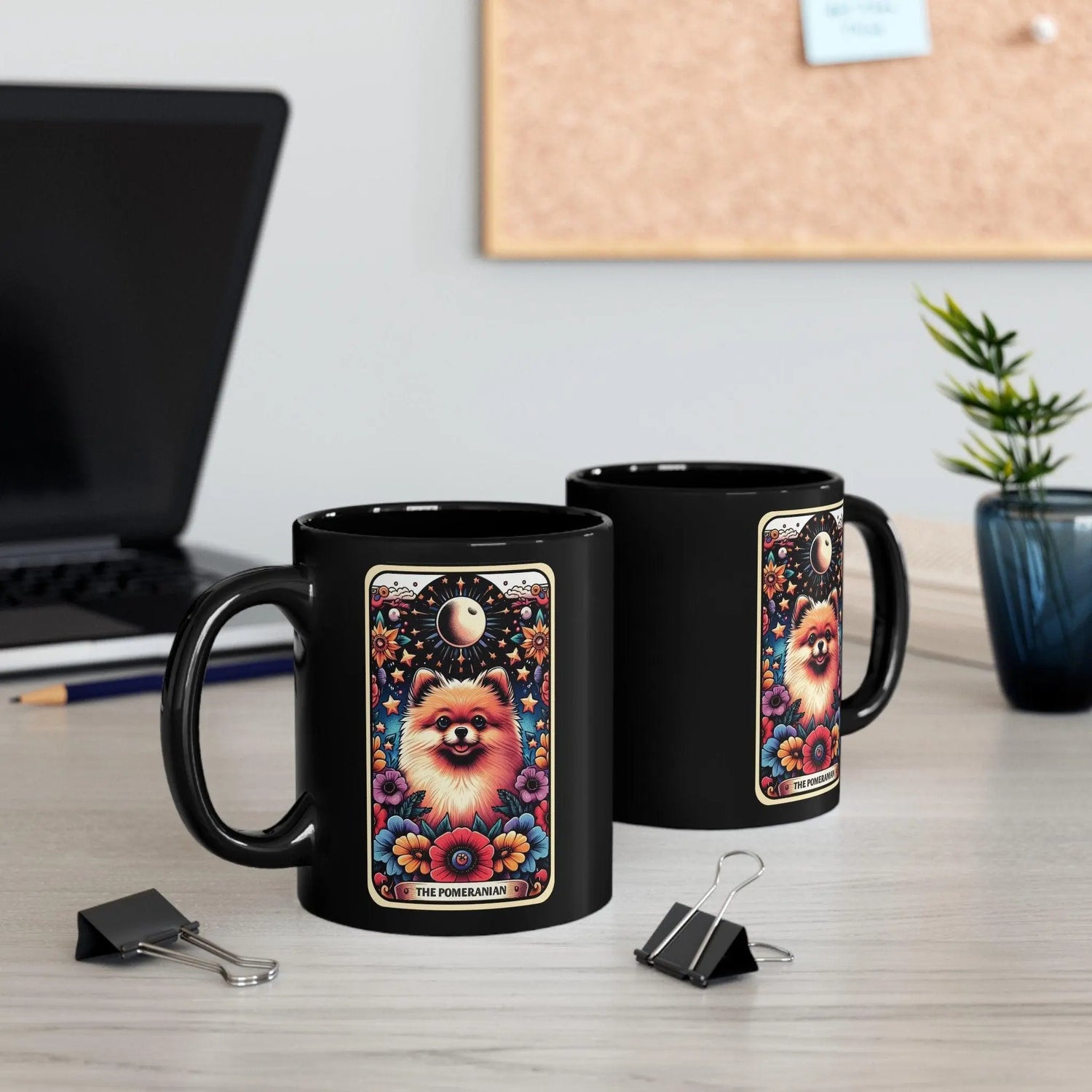 Black Mug (11oz) Pomeranian portrait coffee drinking mug, Celestial Tarot card design, pet lover gift, colorful daily cup The Aurora Touch