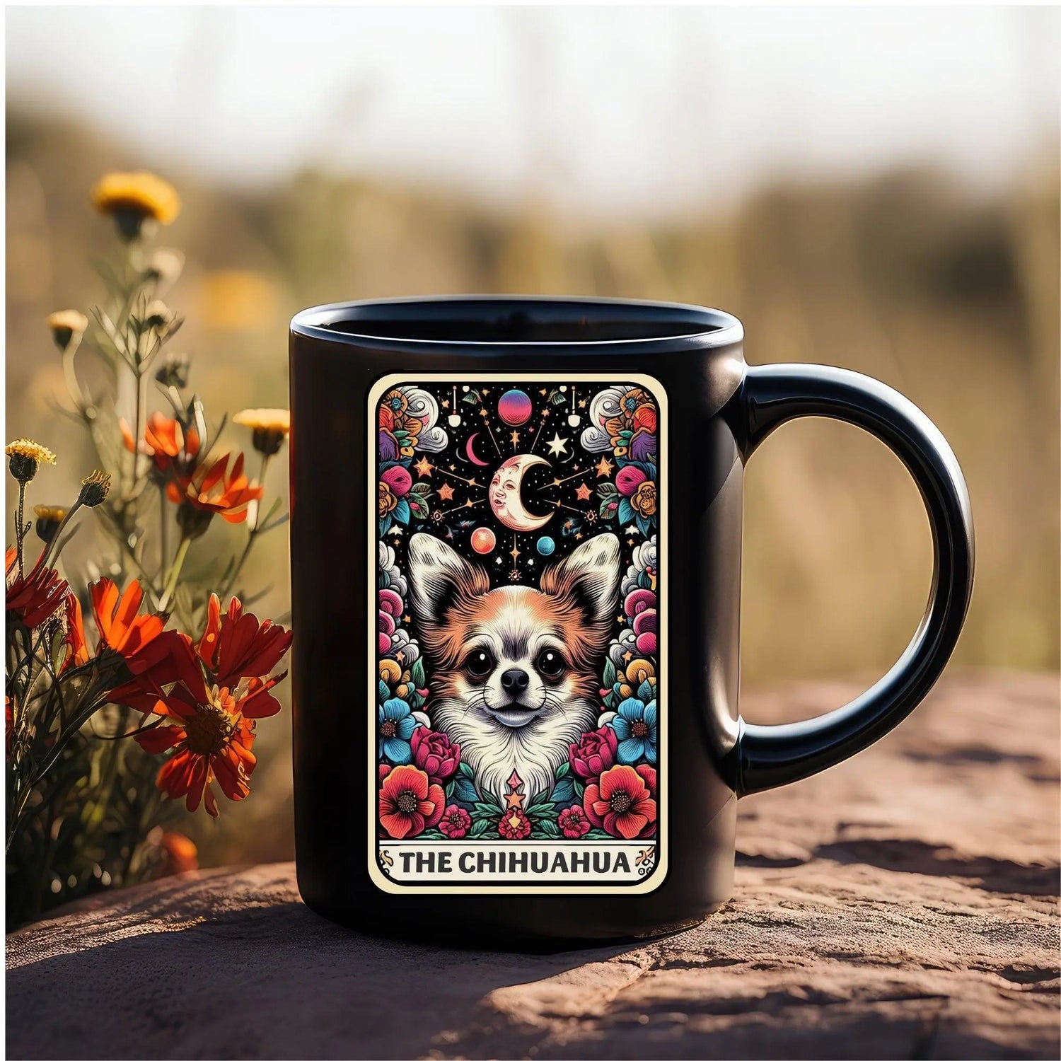 Black Mug (11oz, ), The Chihuahua Tarot Card, Celestial coffee Mug, Colorful Pet lover gift, Everyday drinking Mug, Great Grad gift The Aurora Touch