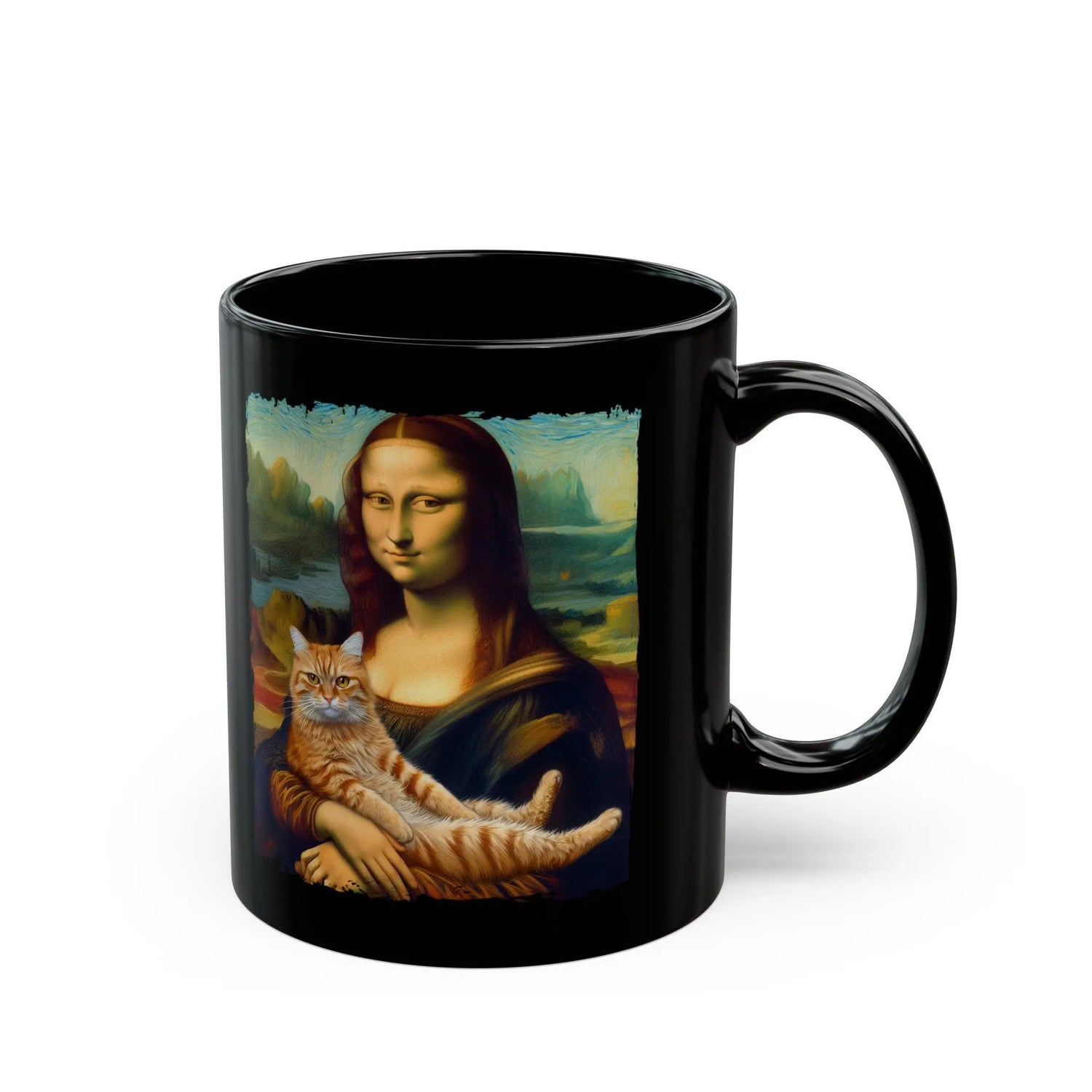 Black Mug (11oz, 15oz), Mona Lisa Coffee Mug, Humorous Kitty Cat coffee tea mug, Silly customized gift, uplifting kitchenware The Aurora Touch