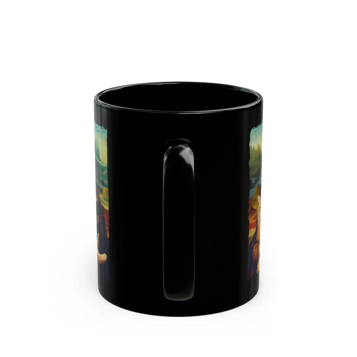 Black Mug (11oz, 15oz), Mona Lisa Coffee Mug, Humorous Kitty Cat coffee tea mug, Silly customized gift, uplifting kitchenware