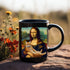 Black Mug (11oz, 15oz), Mona Lisa Coffee Mug, Humorous Kitty Cat coffee tea mug, Silly customized gift, uplifting kitchenware The Aurora Touch