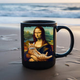 Black Mug (11oz, 15oz), Mona Lisa Coffee Mug, Humorous Kitty Cat coffee tea mug, Silly customized gift, uplifting kitchenware The Aurora Touch