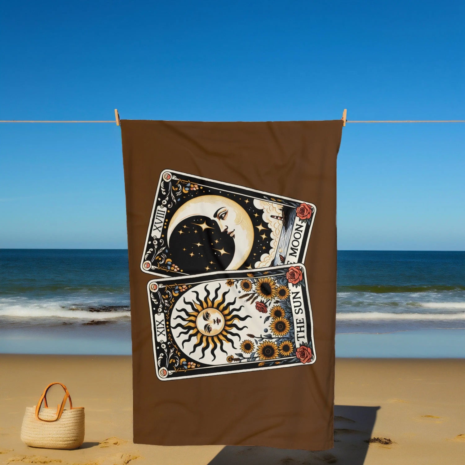 Beach Towel, Brown Celestial Beach Towel, Horoscope Tarot Cards, Great Mystical inspired gift, spiritual inspired gift, Heavy Lush towel The Aurora Touch