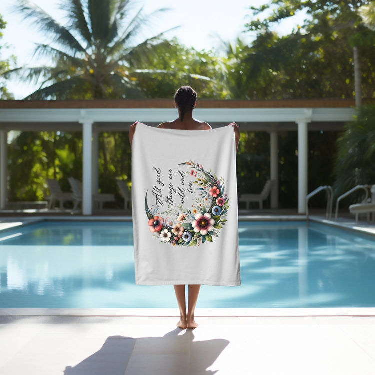 Beach Towel, Soft Thick Lush Celestial Moon Flower White Oversized Summer Beach Day Towel