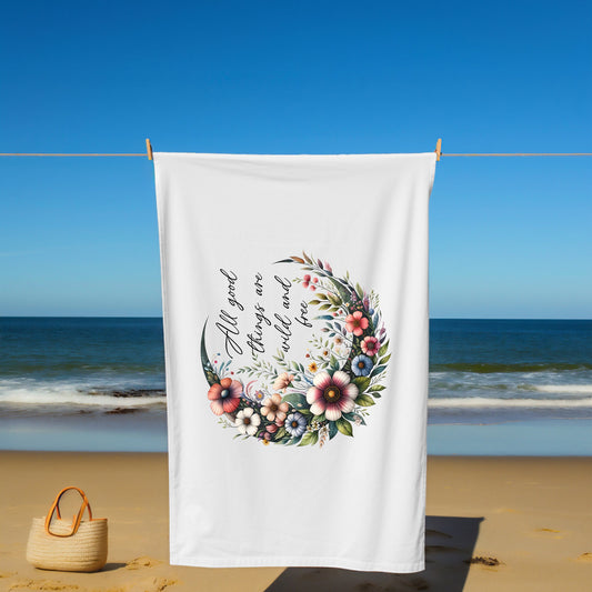 Beach Towel, Soft Thick Lush Celestial  Moon Flower White Oversized Summer Beach Day Towel