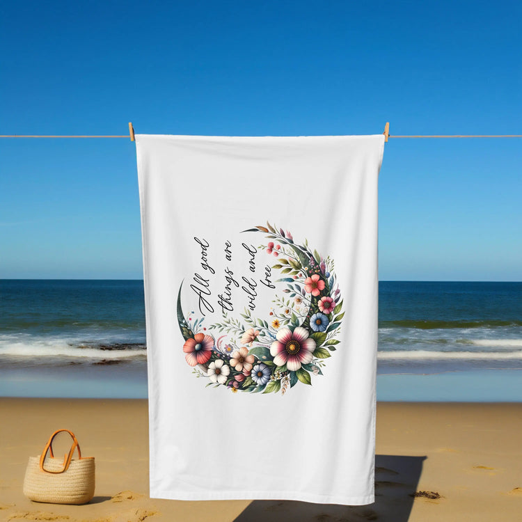 Beach Towel, Soft Thick Lush Celestial  Moon Flower White Oversized Summer Beach Day Towel