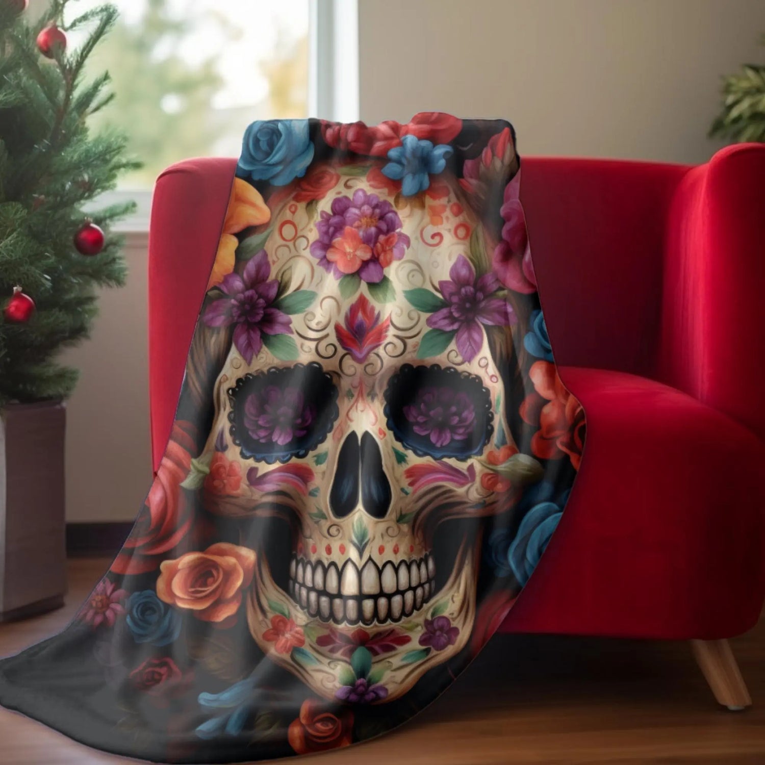 Velveteen Blanket, Day of the Dead Dia de los Muertos traditional sugar skull spooky gothic Halloween fashion cozy couch bed throw blanket The Aurora Touch