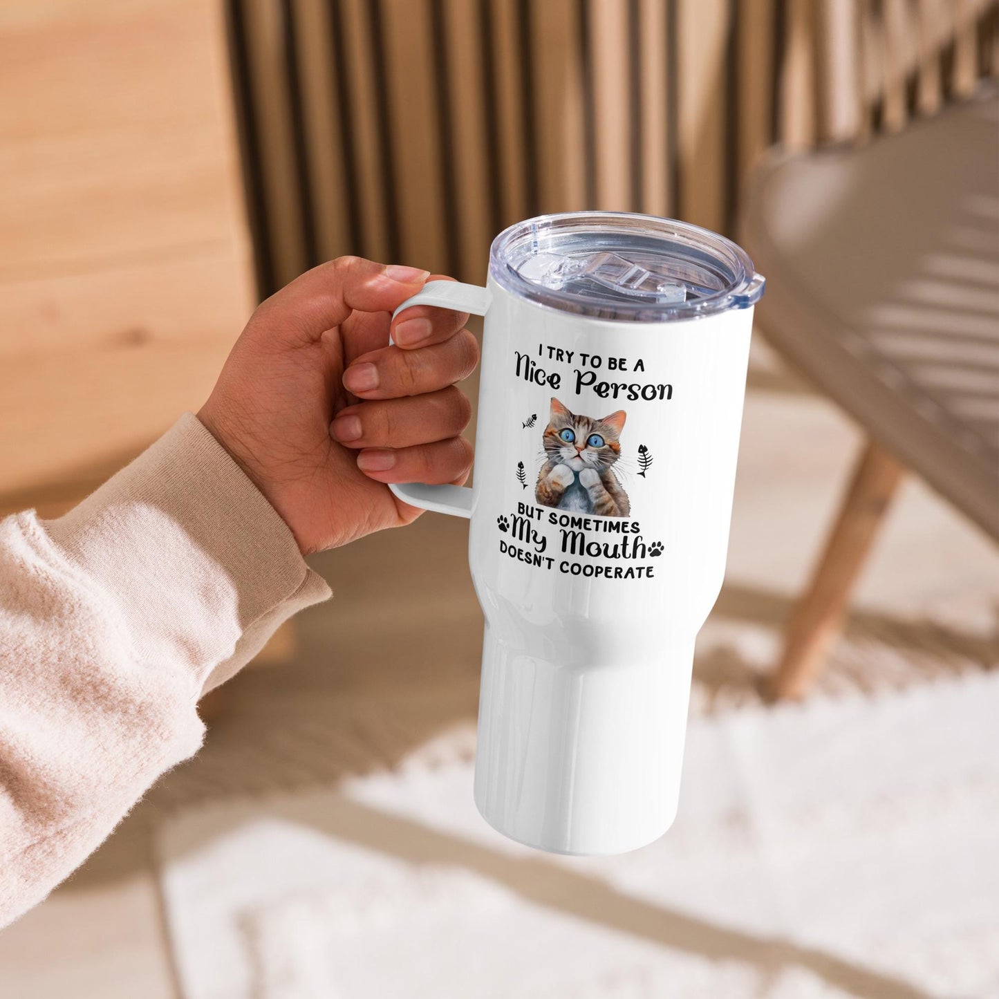 Travel mug with a handle, Humorous funny sarcastic two sided cat portrait white durable sip and go travel sleek hiking car travel mug