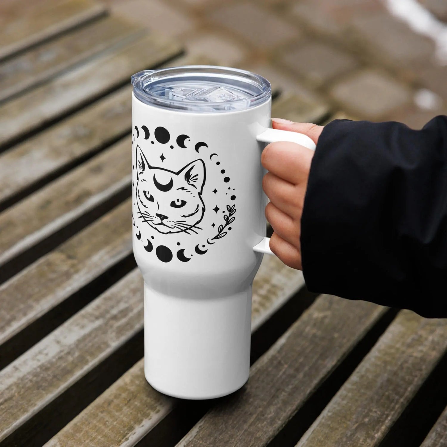 Travel mug with a handle, Celestial cat and moon design everyday sturdy sleek coffee water car travel mug The Aurora Touch