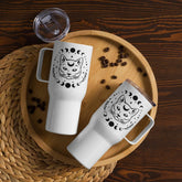 Travel mug with a handle, Celestial cat and moon design everyday sturdy sleek coffee water car travel mug The Aurora Touch