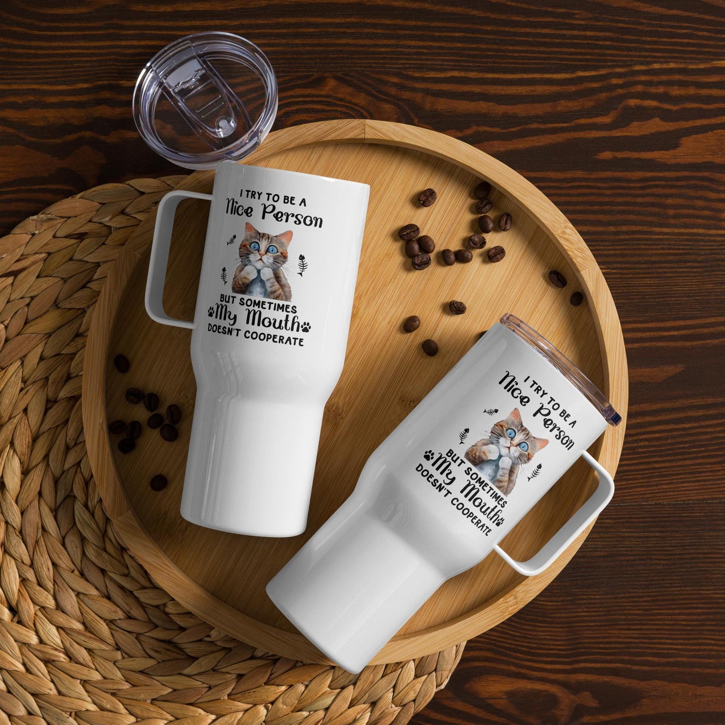 Travel mug with a handle, Humorous funny sarcastic two sided cat portrait white durable sip and go travel sleek hiking car travel mug