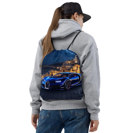 Drawstring bag, Sexy lamborghini bugatti luxury sportscar portrait designer bag The Aurora Touch