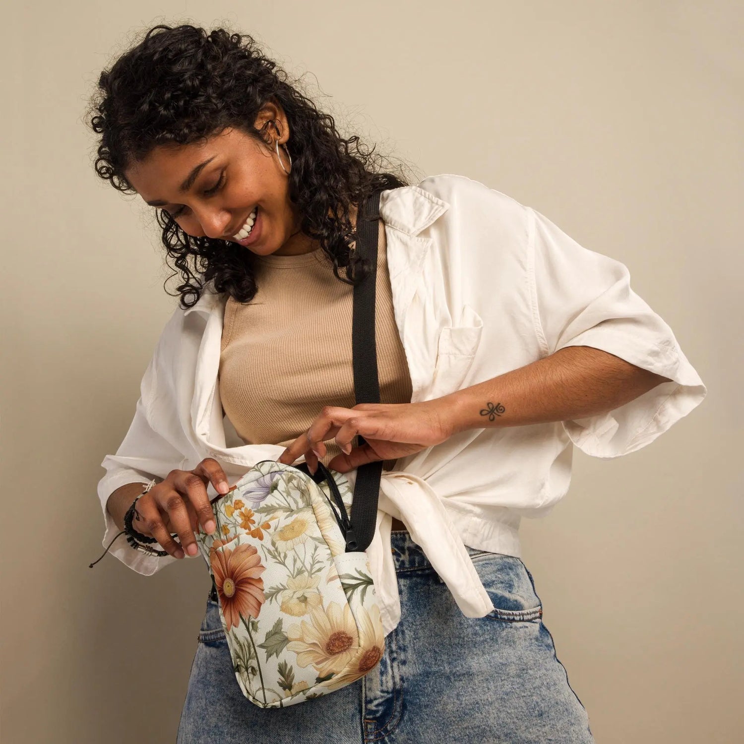 Utility crossbody bag, pretty floral print spring summer winter all occasion everyday sturdy adjustable strap zipper casual handbag The Aurora Touch