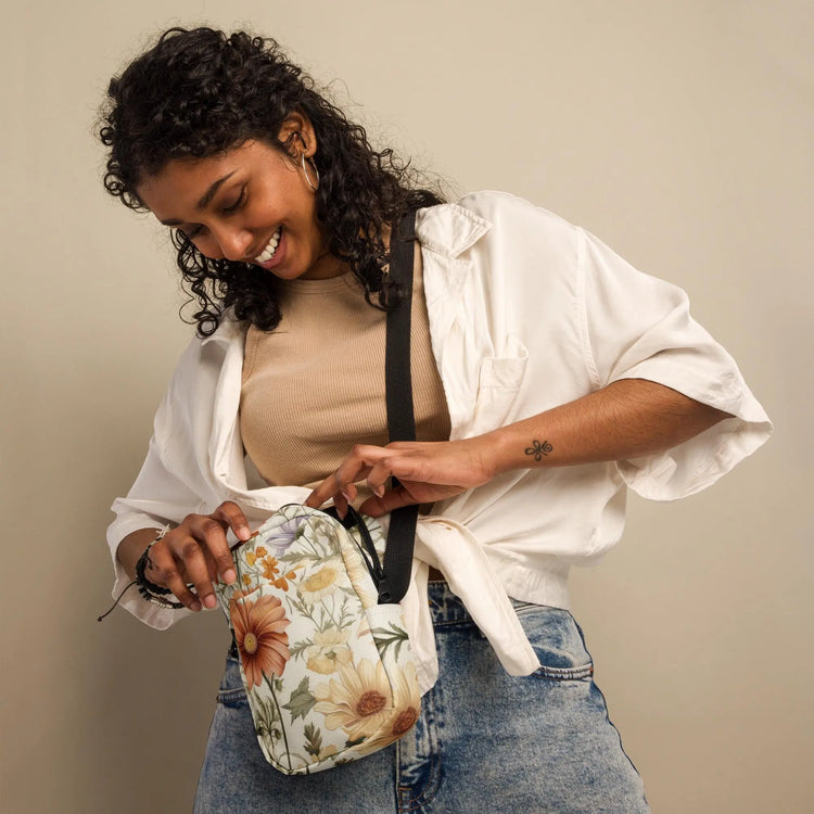Utility crossbody bag, pretty floral print spring summer winter all occasion everyday sturdy adjustable strap zipper casual handbag The Aurora Touch