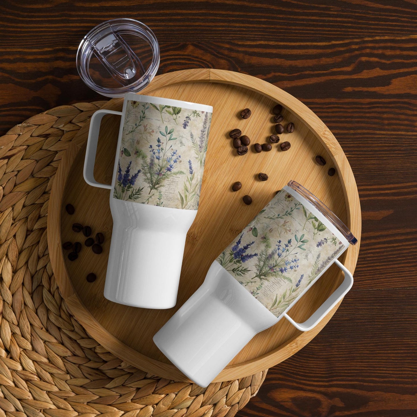 Taza de viaje con asa, diseño con estampado floral de lavanda, ideal para agua, café, té, coche y viaje, ideal para la oficina y la vuelta al cole.