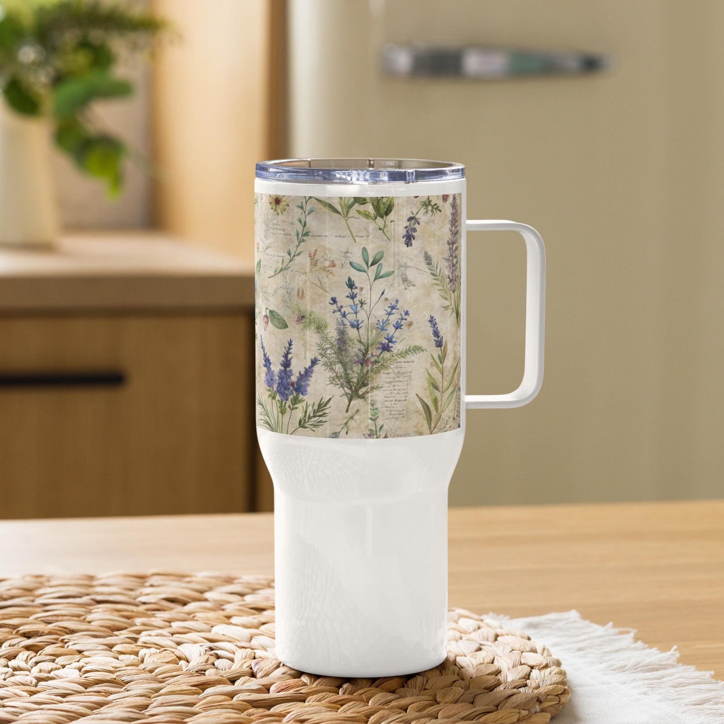 Taza de viaje con asa, diseño con estampado floral de lavanda, ideal para agua, café, té, coche y viaje, ideal para la oficina y la vuelta al cole.