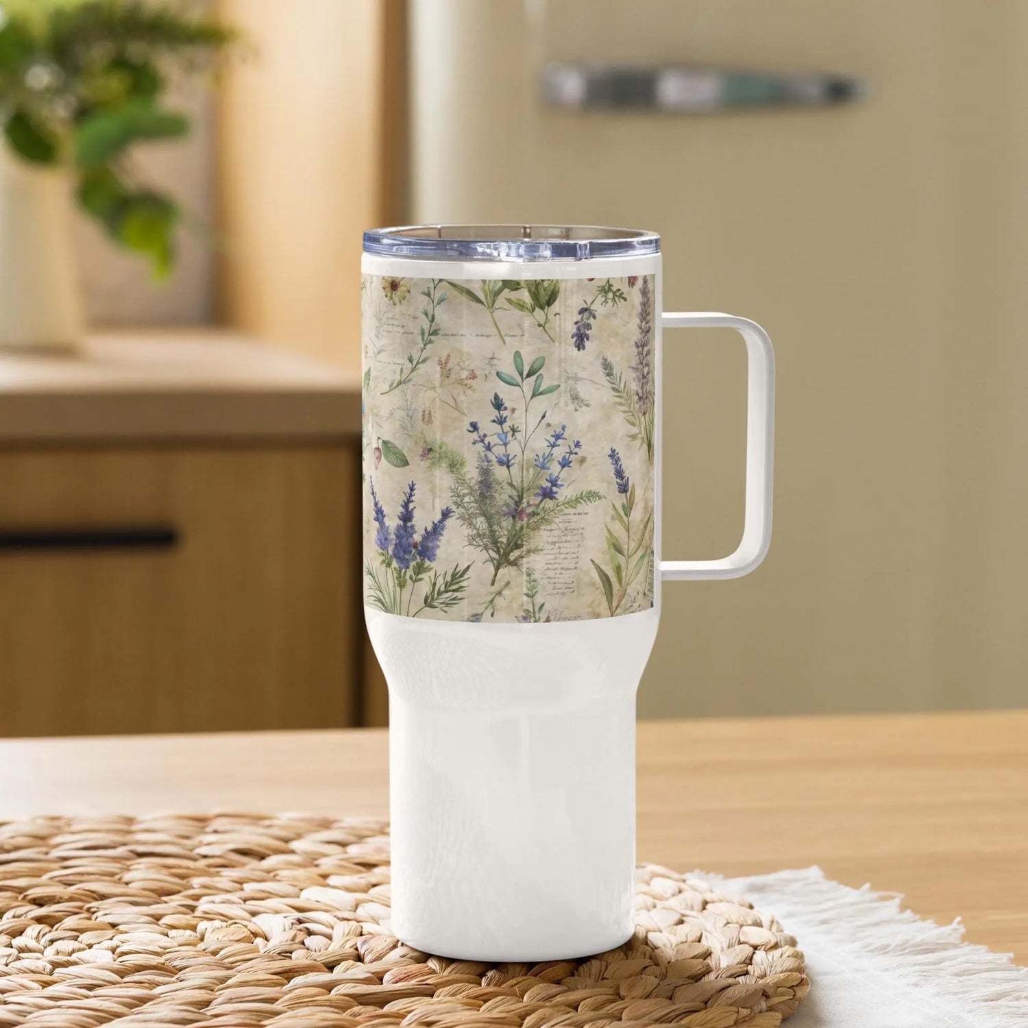Travel mug with a handle, floral lavendar pattern design water coffee tea car and travel tumbler great for office and back to school The Aurora Touch