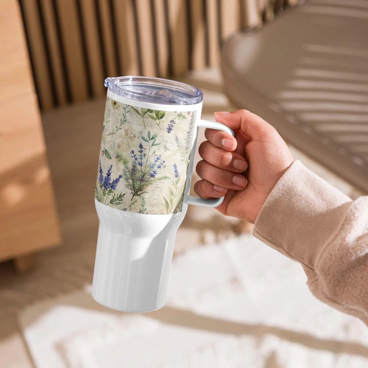 Travel mug with a handle, floral lavendar pattern design water coffee tea car and travel tumbler great for office and back to school The Aurora Touch