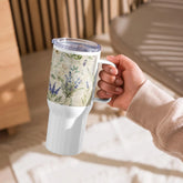 Travel mug with a handle, floral lavendar pattern design water coffee tea car and travel tumbler great for office and back to school The Aurora Touch
