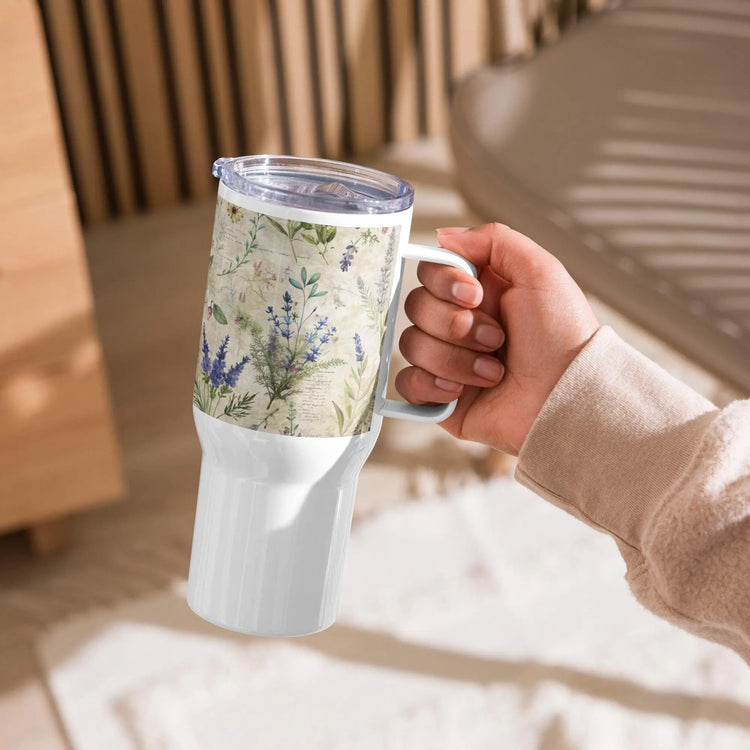 Travel mug with a handle, floral lavendar pattern design water coffee tea car and travel tumbler great for office and back to school The Aurora Touch
