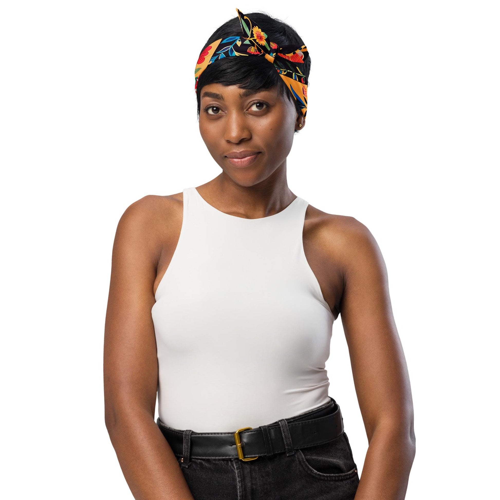 All-over print bandana, pretty crochet floral design print multifunction everyday school work home stylish minimilist kerchief wrap bandana