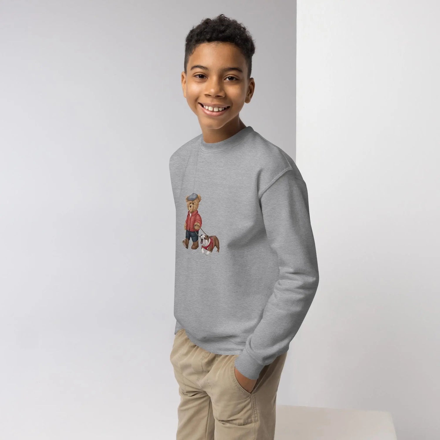 Youth crewneck sweatshirt, back to school cute Teddy Bear stylish child school fashion soft fleece casual everyday sweater for the young