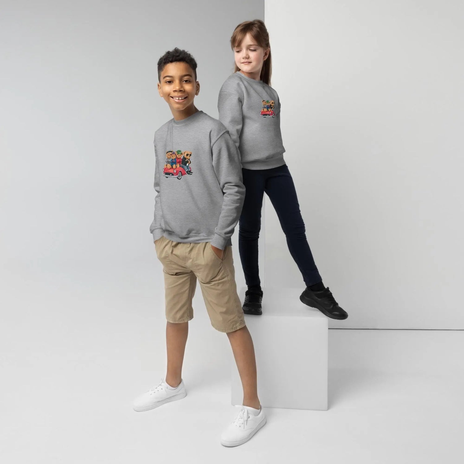 Youth crewneck sweatshirt, Teddy Bears in a car cool cozy casual school yard play time classroom casual dinner school trip kid child sweater