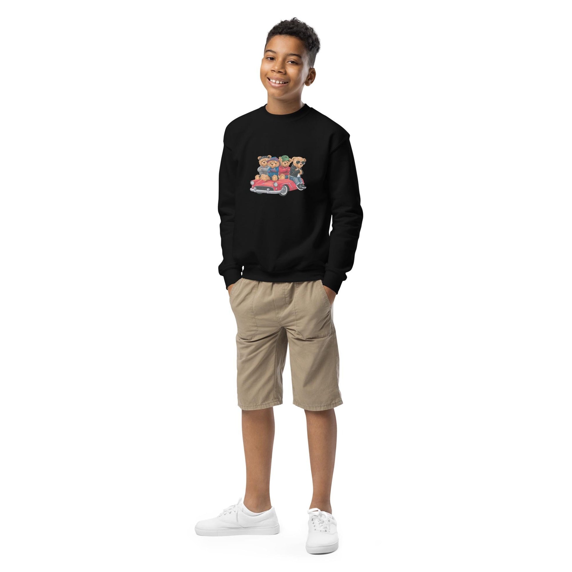 Youth crewneck sweatshirt, Teddy Bears in a car cool cozy casual school yard play time classroom casual dinner school trip kid child sweater