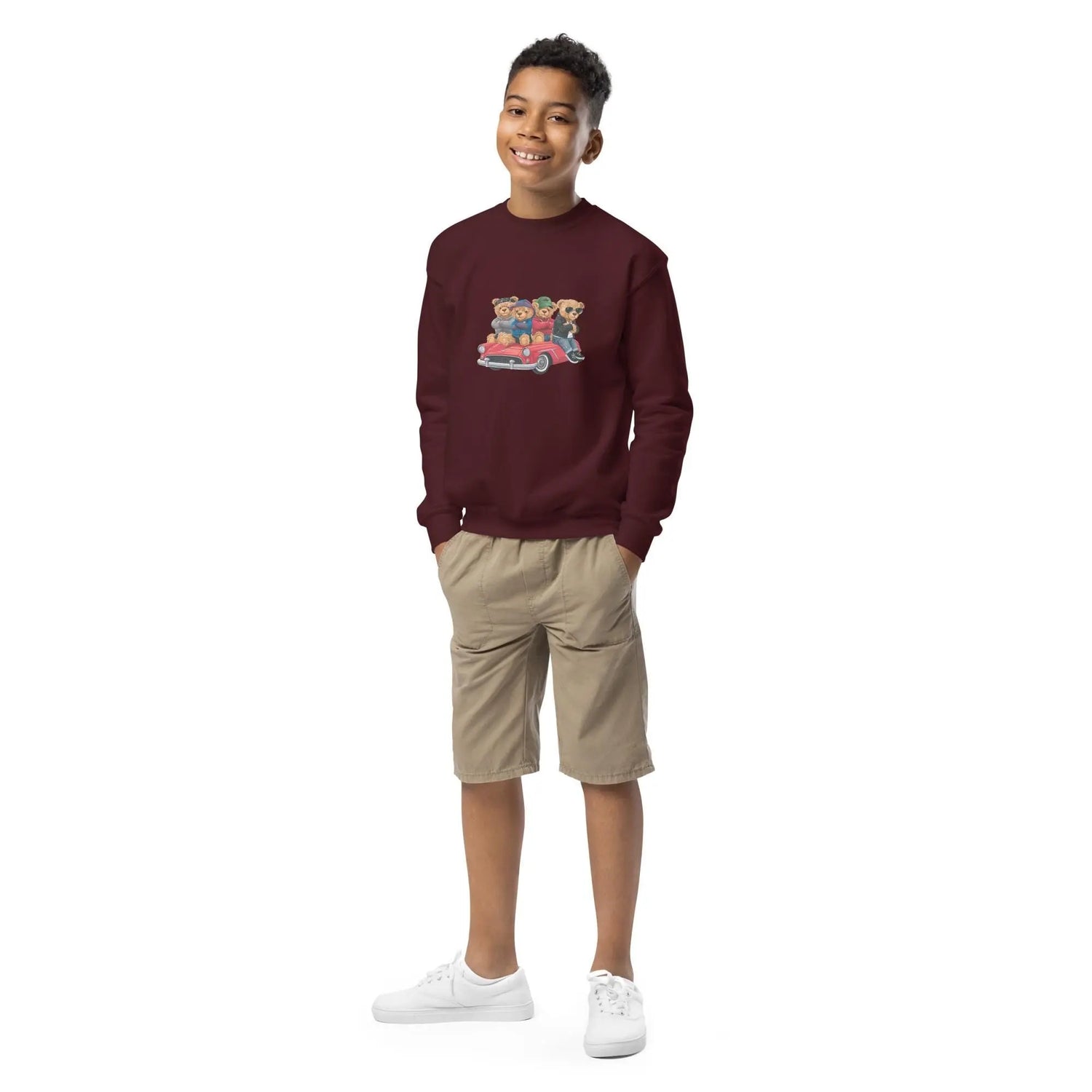 Youth crewneck sweatshirt, Teddy Bears in a car cool cozy casual school yard play time classroom casual dinner school trip kid child sweater