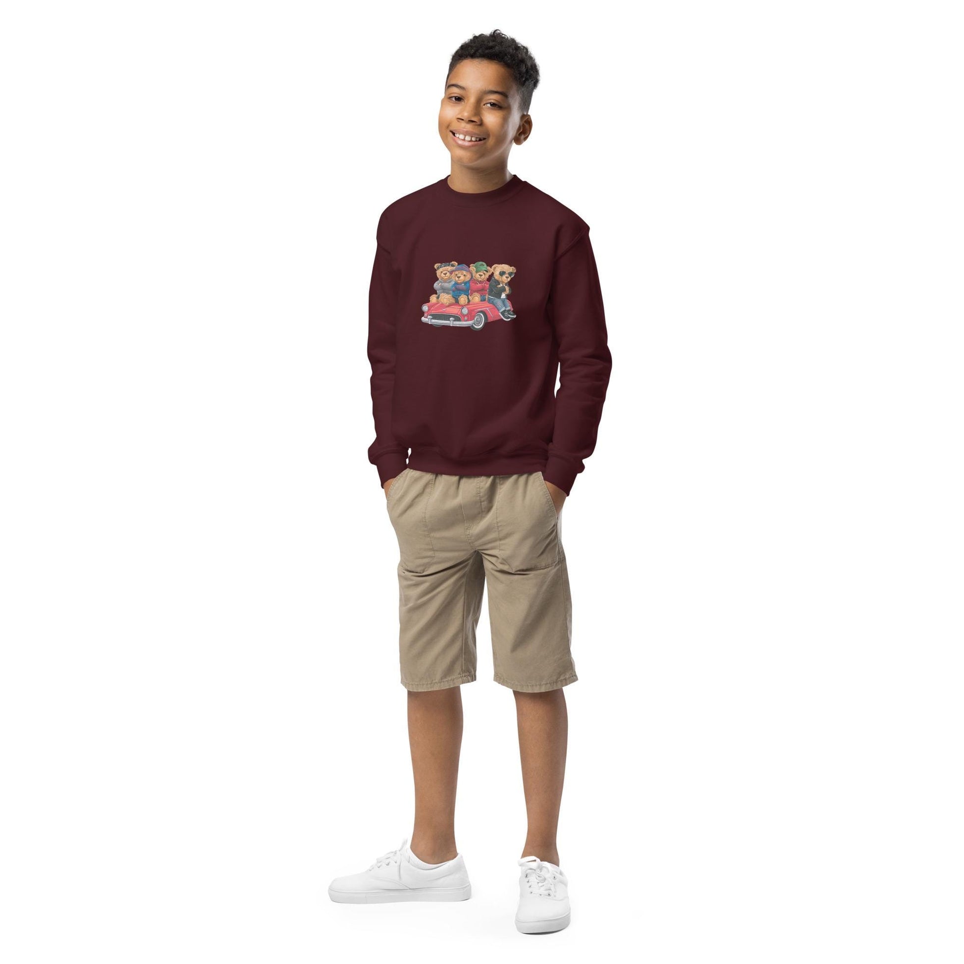 Youth crewneck sweatshirt, Teddy Bears in a car cool cozy casual school yard play time classroom casual dinner school trip kid child sweater