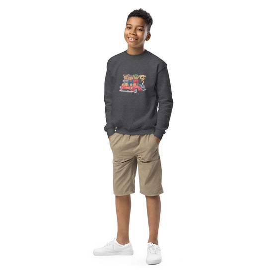 Youth crewneck sweatshirt, Teddy Bears in a car cool cozy casual school yard play time classroom casual dinner school trip kid child sweater