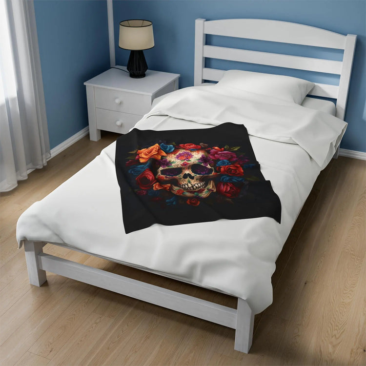 Velveteen Blanket, Day of the Dead Dia de los Muertos traditional sugar skull spooky gothic Halloween fashion cozy couch bed throw blanket