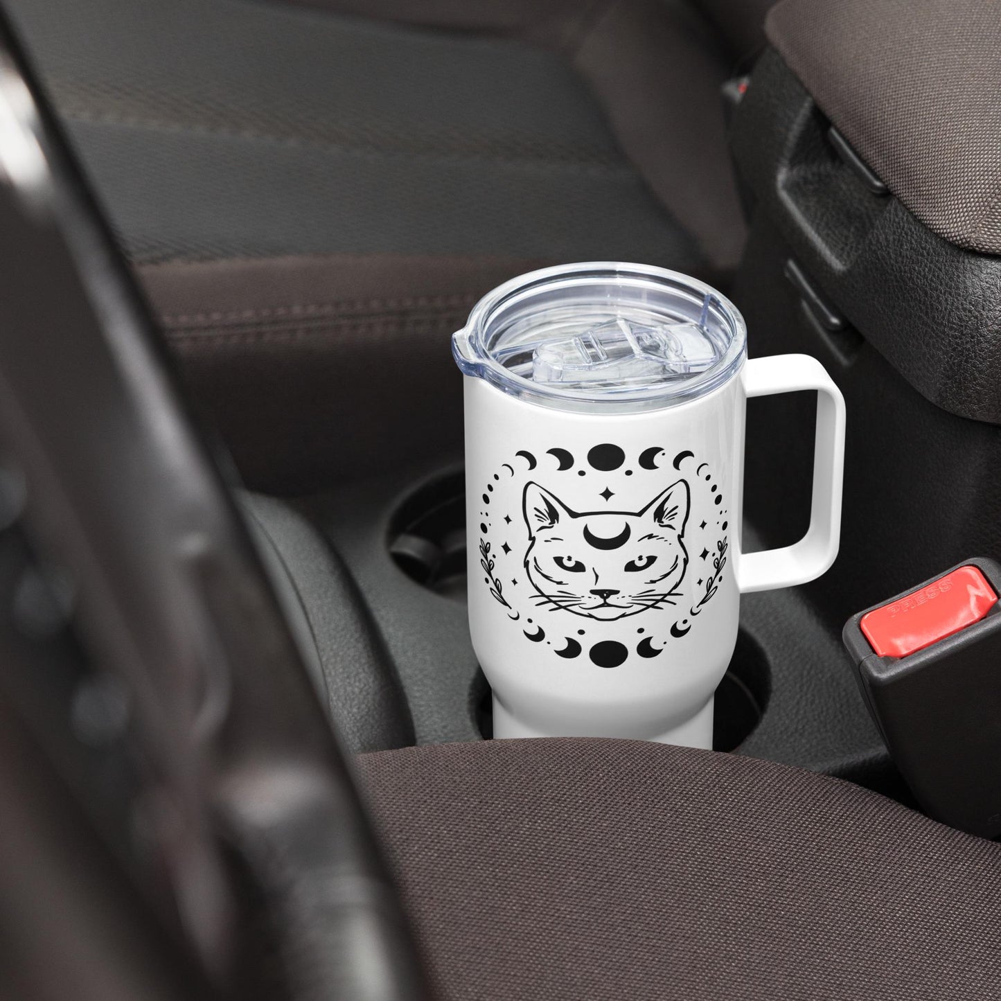 Taza de viaje con asa, diseño de gato celestial y luna, resistente, elegante y para uso diario, para café, agua y coche.